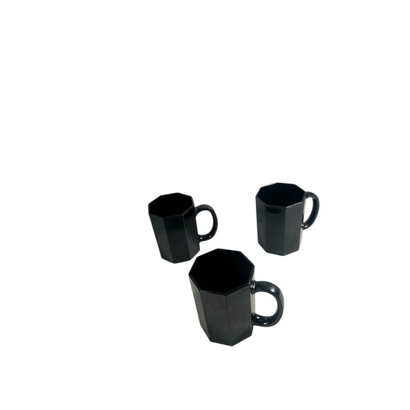 Vintage Black Glass Arcoroc Octime France Octagon Coffee Mugs Cups 8oz Set Of 3 - Picture 4 of 11